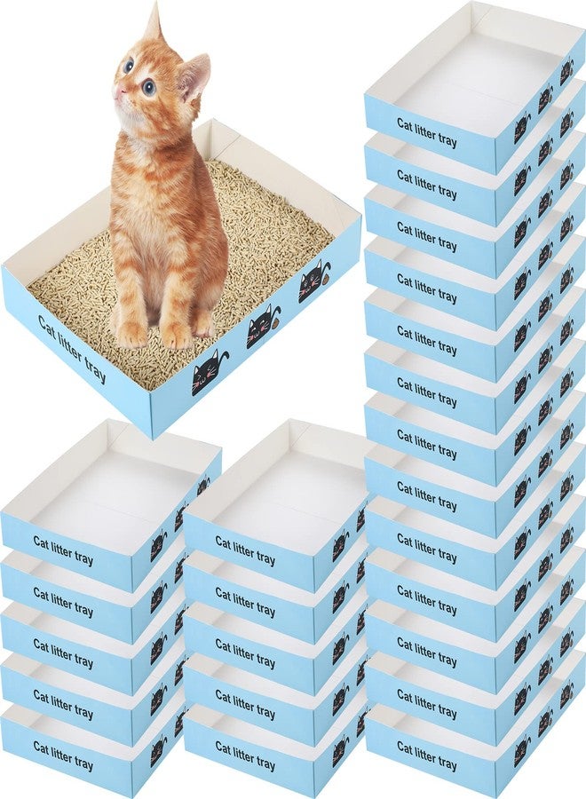 Amyhill 30 Pack Disposable Cat Litter Box Foldable Paper Kitty Tray 13.8x10x2 in Small Lightweight Cardboard Box Water Proof for Indoor Low Entry Easy Disposal Non Clumping Nice Absorption Portable (Blue) - Image 1